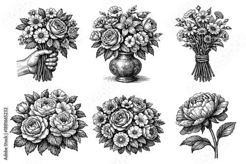 Vintage floral arrangements with handcrafted bouquet, vase, and blooming flowers