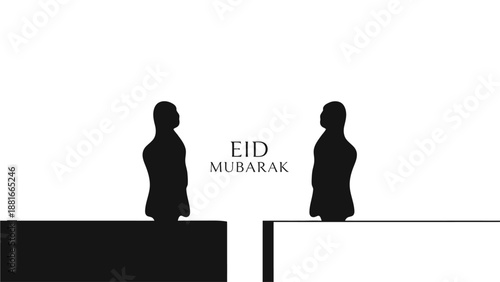 Minimal black and white Eid Mubarak illustration showing two Muslim figures standing opposite each other with symbolic spacing, representing reflection, unity, and spiritual balance during the Islamic