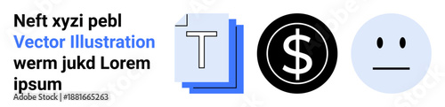 Digital communication, financial analysis, user feedback, emotions, economic studies, online text tools. Visual of text document, dollar sign and neutral face icon. Financial analysis