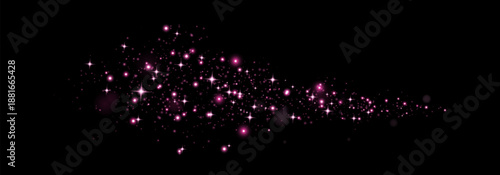 Pink glittering dots, particles, stars magic sparks. Glow flare light effect. Pink luminous points. Vector particles on black background. 