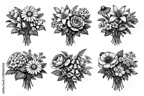 Elegant botanical bouquets in vintage black and white etching style
