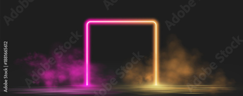 Neon ring with glowing pink and orange light effects, futuristic portal gateway, vibrant smoke and LED illumination. abstract vector frame composition.