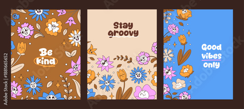 Greeting cards with borders from groovy flowers with faces set. Templates with frames from funky wildflowers with different emotions. Layouts with cute blooming plants. Flat vector illustrations