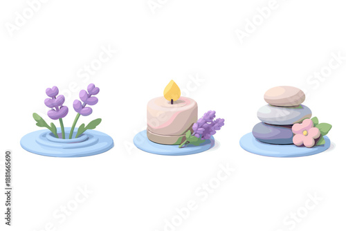 Serene spa elements: lavender, candle, and balanced stones for relaxation and wellness