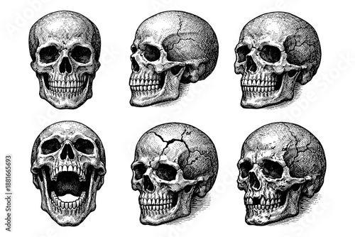 Detailed black and white skull set in vintage engraving style