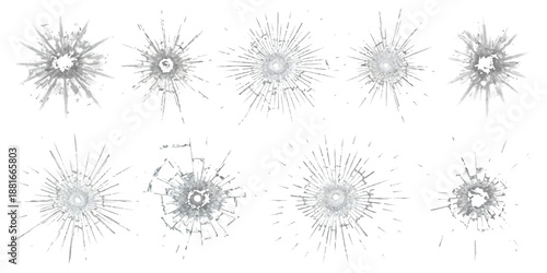 Collection of realistic shattered glass cracks and bullet hole impacts on a transparent surface