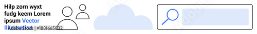 Digital technology, user interface, cloud computing, online search, communication, web design. Simplified people icons with a cloud and search bar. Digital technology and user interface concept
