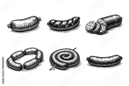 Vintage style sausage variants in intricate hand-drawn designs