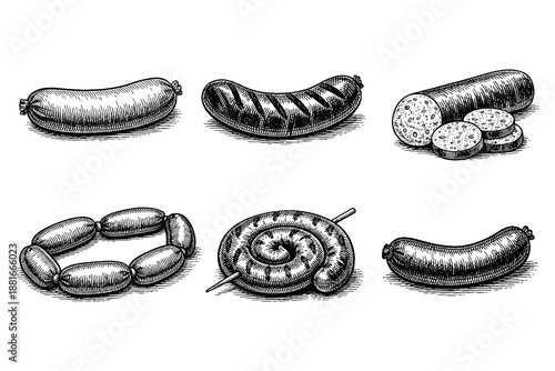 Hand-drawn sausages collection with vintage crosshatch style