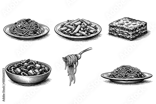 Hand drawn pasta dishes: spaghetti, penne, fusilli, and lasagna styles