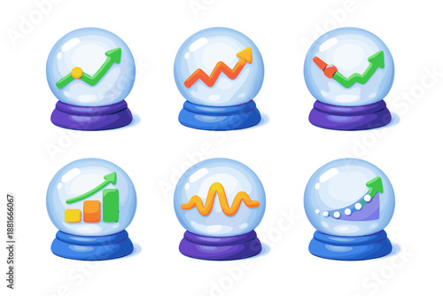 Crystal balls showing upward trending stock market graphs and financial forecasts