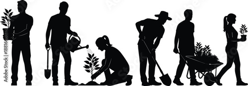 People gardening silhouettes planting watering plants teamwork environmental care agriculture black vector illustration isolated white background sustainable nature eco lifestyle