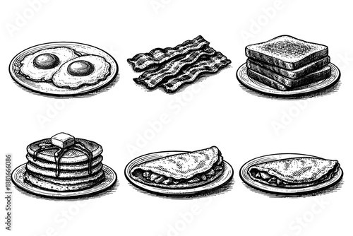 Vintage breakfast food sketches featuring eggs, bacon, toast, pancakes, and omelettes
