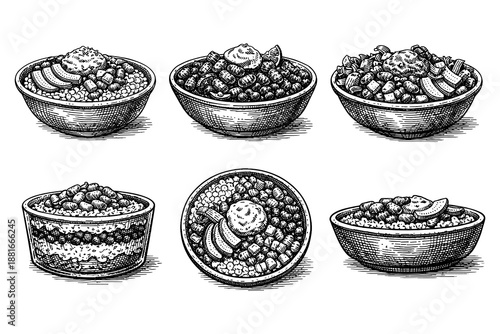 Hand drawn bowls of delicious meals with intricate detail in black and white