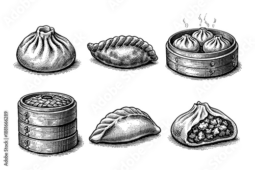 Assorted traditional dumplings in vintage engraving style