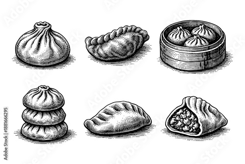 Hand drawn traditional dumplings collection with vintage design elements