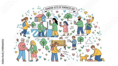Diverse people performing random acts of kindness illustration for Random Acts of Kindness Day concept community support and connection