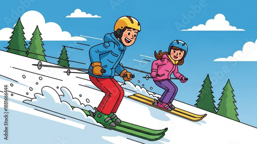 Two children skiing down a snowy slope enjoying winter sport activity with helmets and ski gear cartoon style illustration