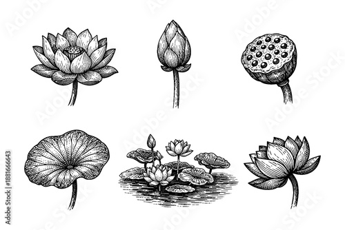 Detailed black and white botanical lotus flower and lily pad sketches