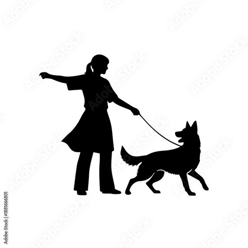 Black silhouette of a female dog trainer with a German Shepherd. Woman holding leash and giving command to pet. Vector illustration isolated on white background