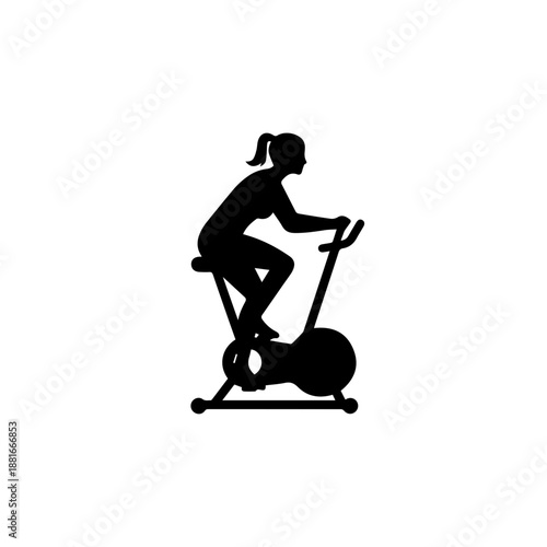 Black silhouette of female athlete on stationary bike. Fitness and gym workout vector icon. Isolated flat design illustration
