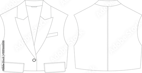 Short Waistcoat with Notch Collar front and back view flat sketch technical drawing