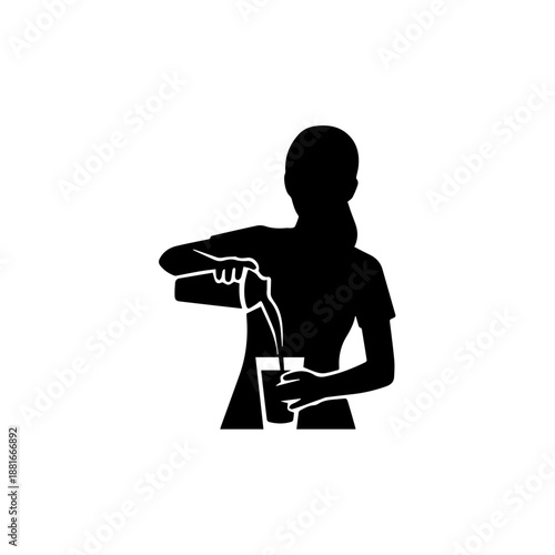 Black silhouette of female bartender pouring drink. Vector illustration of woman serving alcohol. Isolated icon for bar menu or logo design