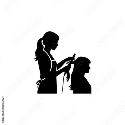 Black silhouette of female hairstylist curling hair. Hairdresser and client in beauty salon vector icon. Solid black shape of hair styling with curling wand