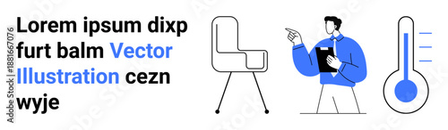 Health monitoring, professional services, workspace organization, furniture design, data analysis, communication. Male holding clipboard pointing, modern chair and thermometer. Health monitoring