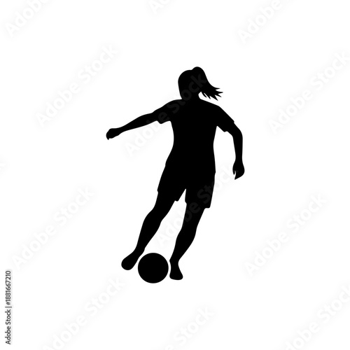 Female soccer player silhouette kicking ball. Black vector illustration of a woman athlete passing or dribbling. Sport icon isolated on white background