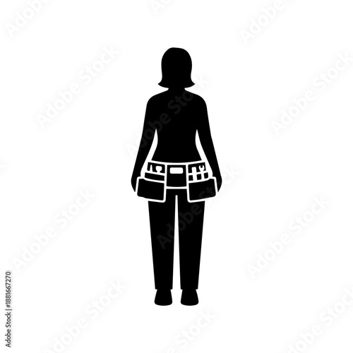 Black silhouette of a female construction worker with a tool belt. Woman builder standing with equipment. Vector icon for repair and maintenance services