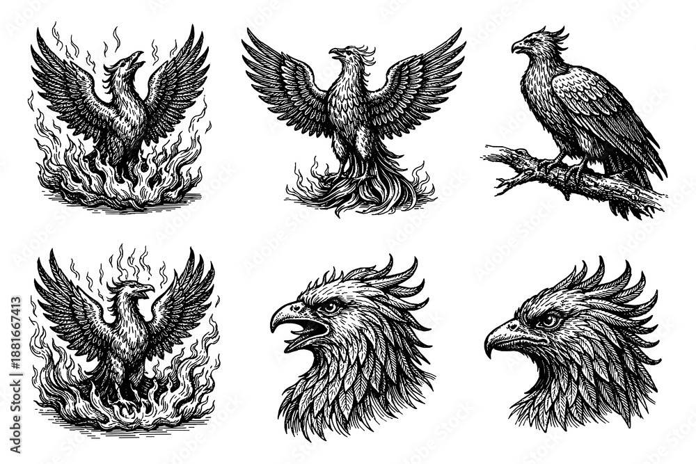 Fototapeta premium Intricate phoenix and eagle designs in vintage style with detailed linework