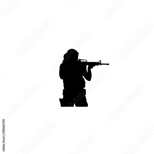 Silhouette of a woman in tactical gear aiming a rifle. Solid black vector illustration of a female soldier. Military and security concept isolated on white background