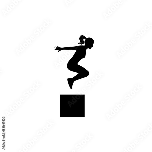 Woman jumping on box silhouette. Fitness and exercise workout concept. Minimalist flat vector illustration isolated on white background