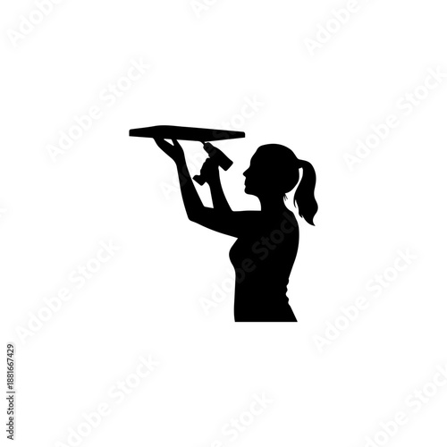 Woman installing shelf with power drill silhouette. DIY home improvement and furniture assembly concept. Minimalist flat vector illustration isolated on white background