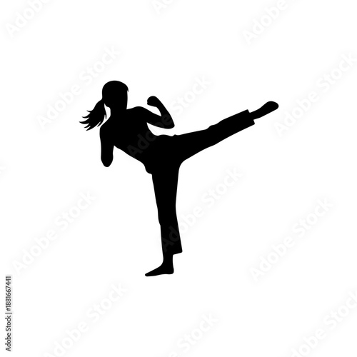 Black silhouette of a woman practicing a martial arts kick. Minimalist flat vector illustration. Karate and taekwondo training concept. Isolated on white background