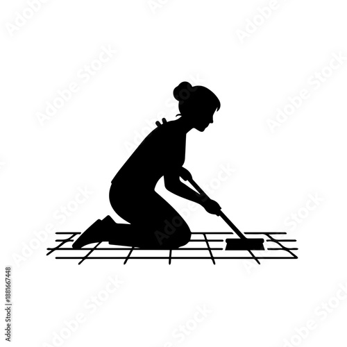 Woman scrubbing tiles silhouette. Cleaning service and housework concept. Solid black vector illustration isolated on white background