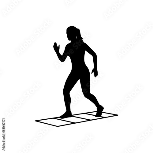 Black silhouette of a woman training on an agility ladder. Fitness and sports speed drill vector illustration. Minimalist flat design isolated on white background