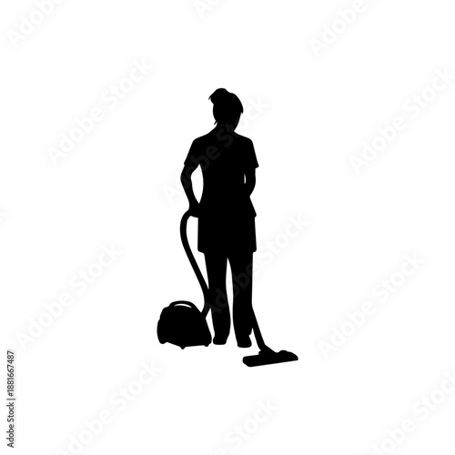 Silhouette of a woman vacuuming. Housekeeper and cleaning service vector illustration. Solid black shape isolated on white background. Professional maid performing domestic chores