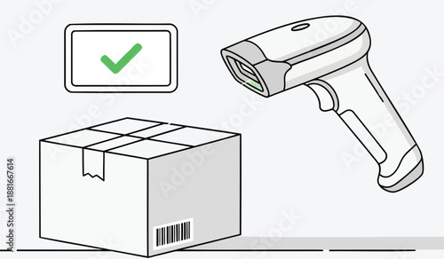Barcode scanner reads package with green checkmark on screen for delivery confirmation