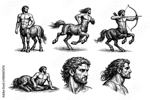 Mythical centaur in engraved style: various poses and expressions