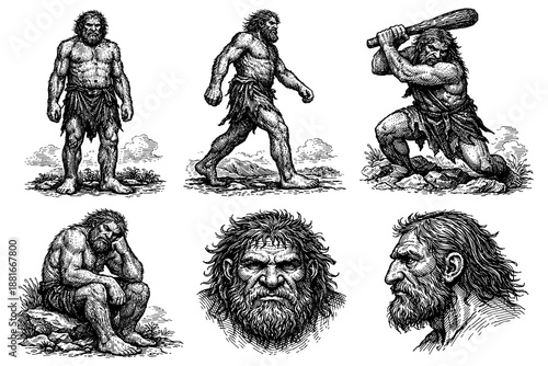 Ancient caveman sketches depicting prehistoric life and expressions