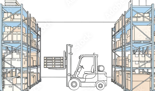 Forklift operator navigates through high warehouse aisles with shelving units