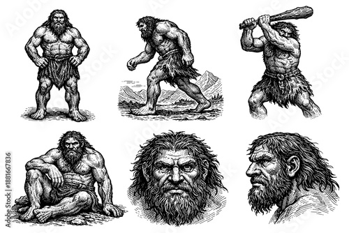 Ancient caveman engravings showcasing stone age lifestyle and expressions