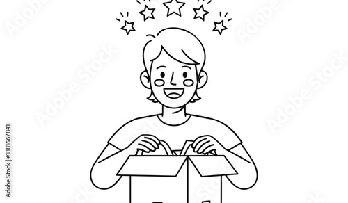 Happy child opening gift box with surprised expression and stars