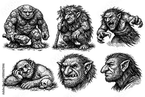 Vintage fantasy trolls collection: intricate black and white sketches of mythical creatures