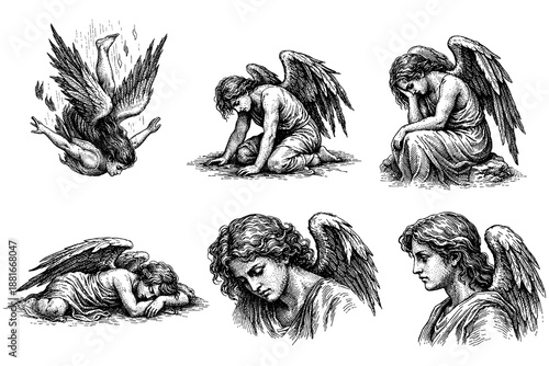 Detailed engraving of angels in various poses highlighting emotions and serenity