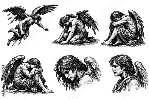 Detailed ink art of melancholic angels in various poses with wings