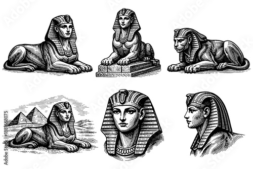 Engraved ancient egyptian pharaohs and sphinx art collection