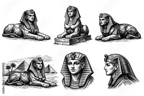 Detailed egyptian sphinx engravings with pyramids in antique style